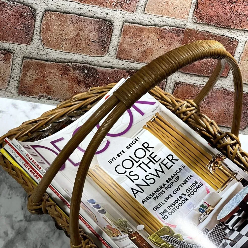 Vintage Gathering Basket With Wooden Beads | Wicker Magazine RacK | Towel Basket